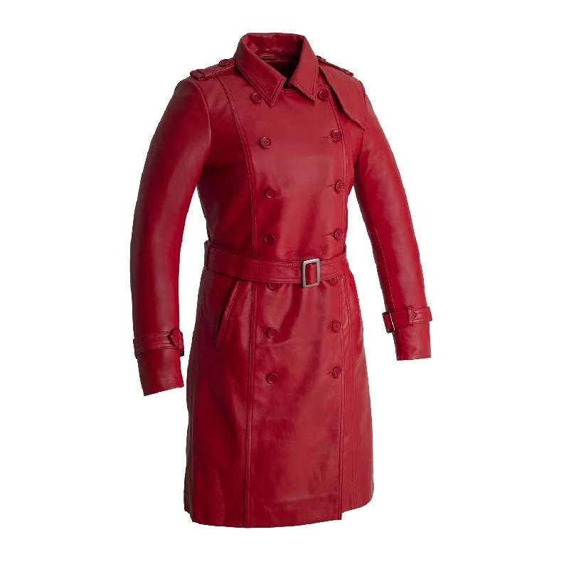 Women's Leather Jacket with Detachable Accessories-Olivia - Women's Leather Trench Coat Red Women's Leather Jacket with Detachable Accessories-Olivia - Women's Leather Trench Coat Red