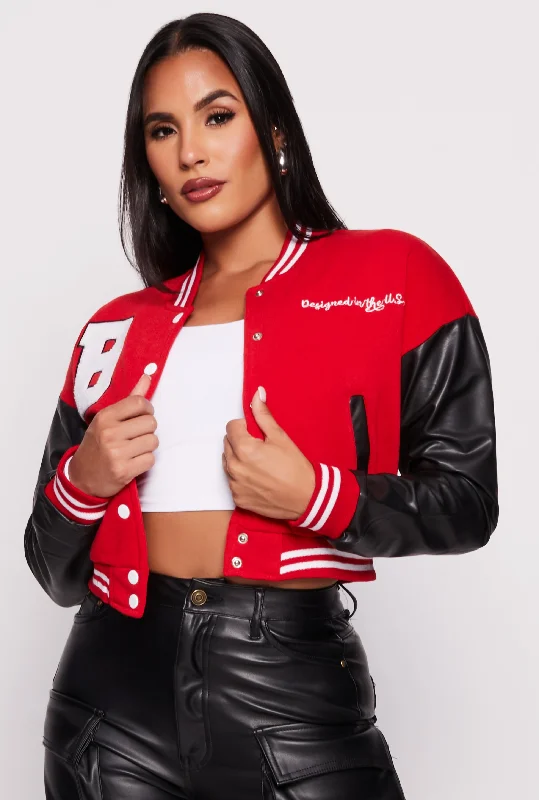 Women's Leather Jacket with Fun Twist-B Initial Chenille Patch Cropped Varsity Jacket Women's Leather Jacket with Fun Twist-B Initial Chenille Patch Cropped Varsity Jacket