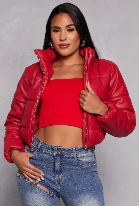 Women's Leather Jacket for Fashion-Forward Women-Faux Leather Funnel Neck Puffer Jacket Women's Leather Jacket for Fashion-Forward Women-Faux Leather Funnel Neck Puffer Jacket