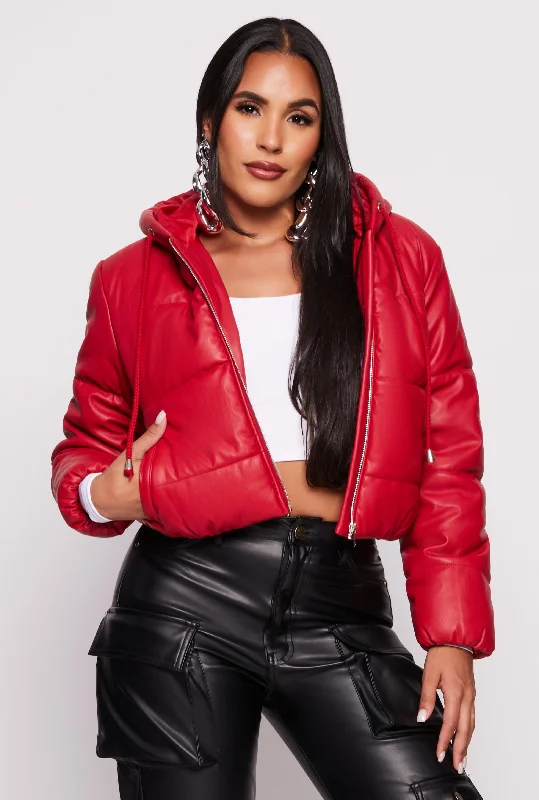 Women's Leather Jacket with Comfortable Fit-Faux Leather Zip Front Hooded Puffer Jacket