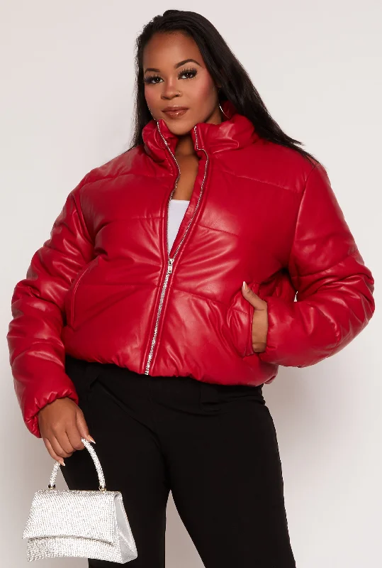 Women's Leather Jacket with Sleek, Stylish Cut-Plus Size Faux Leather Zip Front Long Sleeve Puffer Jacket Women's Leather Jacket with Sleek, Stylish Cut-Plus Size Faux Leather Zip Front Long Sleeve Puffer Jacket