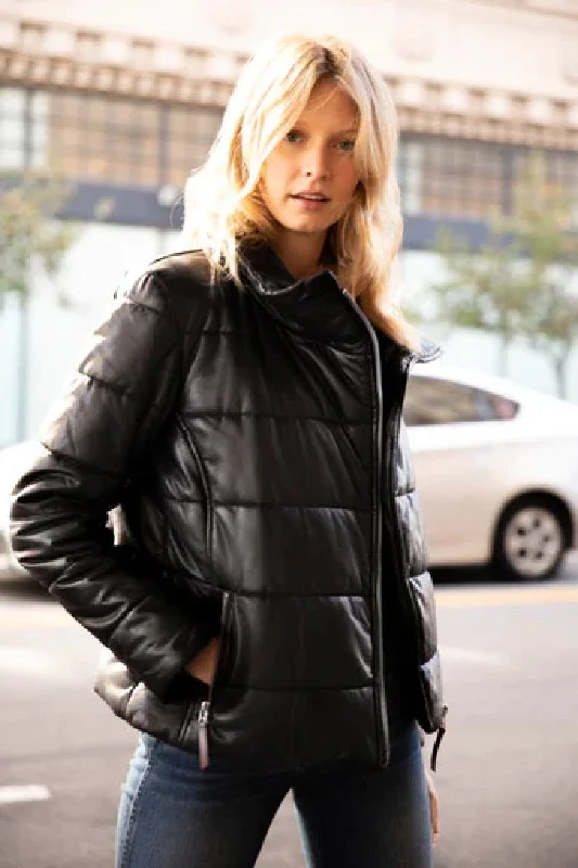 Women's Leather Jacket with Soft Leather Finish-Rena Puffer Jacket