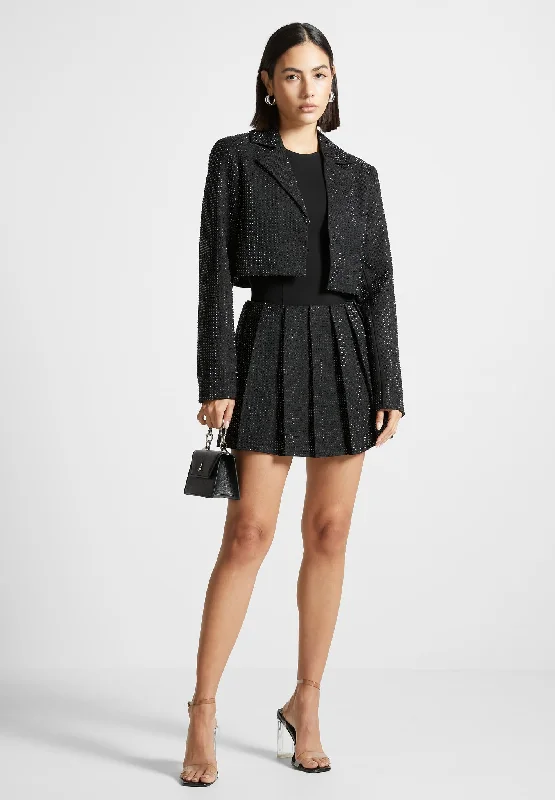 Women's Retro Blazers -Rhinestone Cropped Blazer - Black