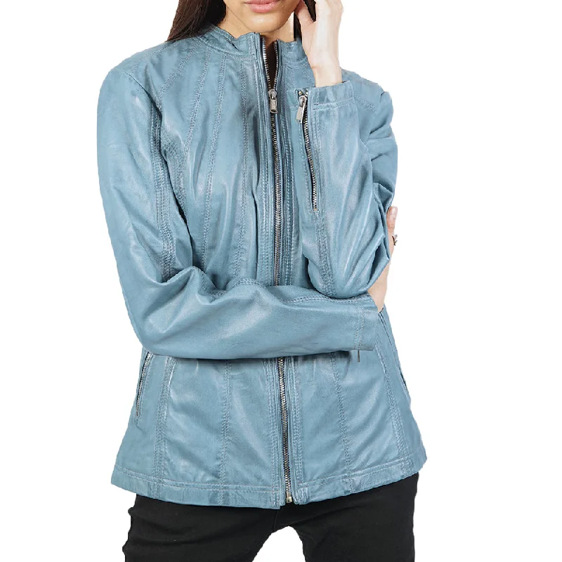 Women's Leather Jacket for Warm Protection-Roma Blue Biker Leather Jacket