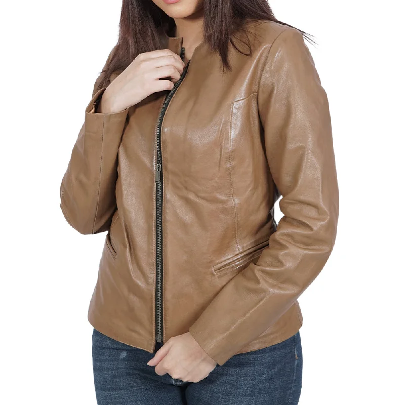 Women's Leather Jacket with Stylish Design-Swag Collarless Brown Leather Jacket