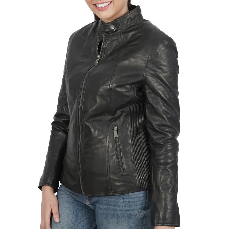 Women's Leather Jacket with Deep Pockets-Sylvia Biker Black Leather Jacket