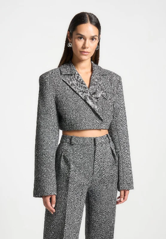 Women's Casual Button Blazers -Tailored Wool Wide Shoulder Blazer - Grey