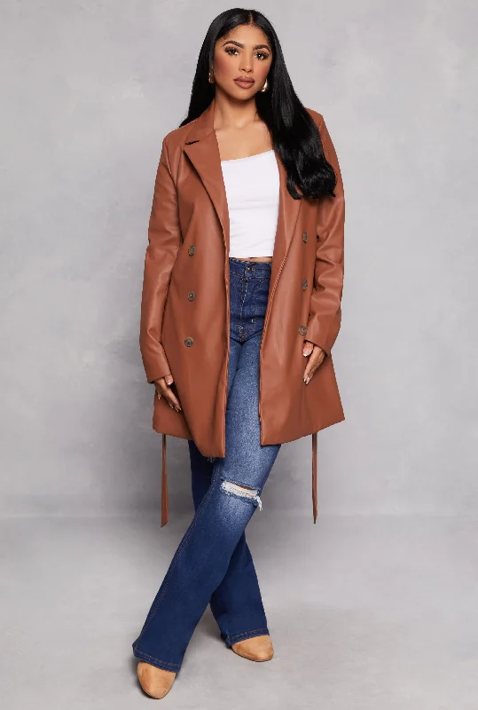 Women's Leather Jacket for Eco-Friendly Fashion-Faux Leather Tie Waist Belted Coat