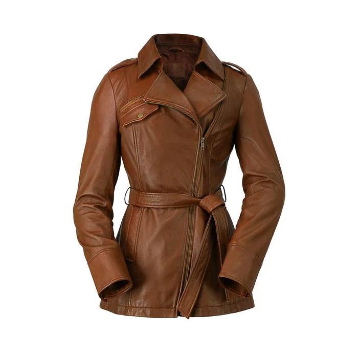 Women's Leather Jacket with Open Design-Traci - Women's Fashion Leather Trench Coat (Dark Cognac) Women's Leather Jacket with Open Design-Traci - Women's Fashion Leather Trench Coat (Dark Cognac)