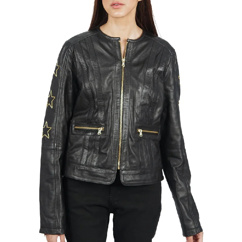 Women's Leather Jacket for Functional Style-Trish Star Black Leather Jacket