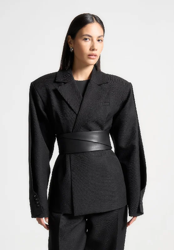 Women's Office Chic Blazers -Twist Sleeve Tailored Blazer with Belt - Black
