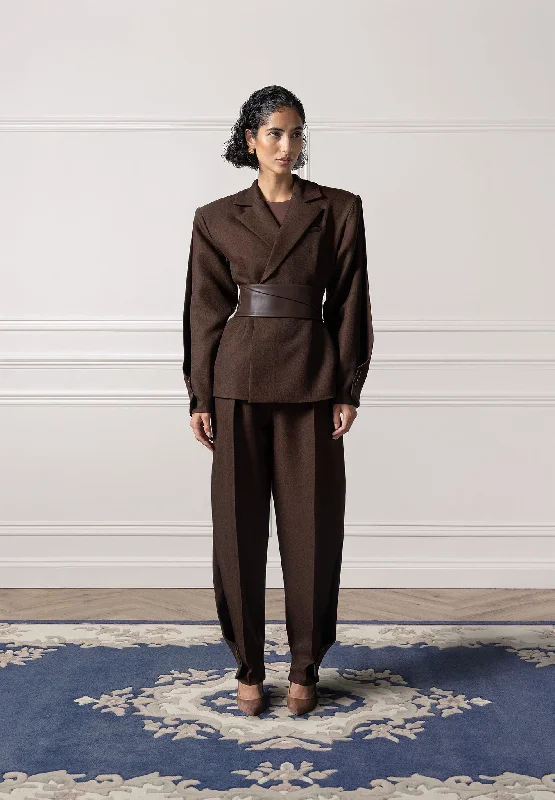 Women's Blazers with Tulle Accents -Twist Sleeve Tailored Blazer with Belt - Brown