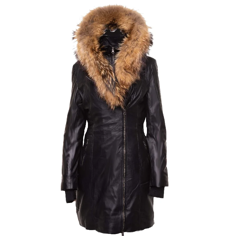 Women's Leather Jacket with Stylish Fringes-Ulva Fur Trimmed women's parka coat with Real fox fur hoodie