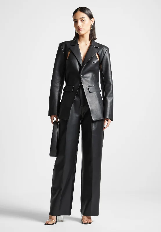 Women's Blazers with Flared Skirts -Vegan Leather Cut Out Blazer - Black