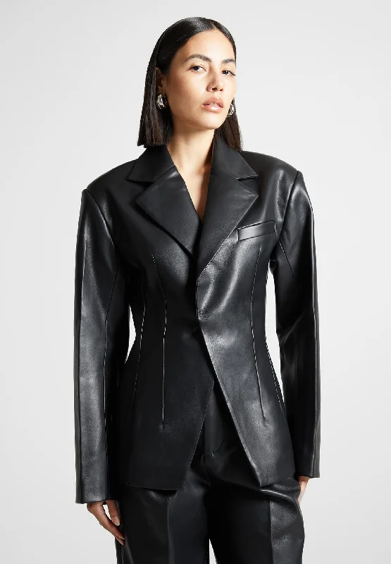 Women's Buttonless Blazers -Leather Double Breasted Blazer - Black