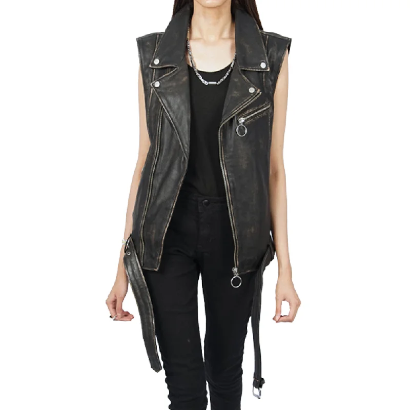 Women's Leather Jacket with Thin Lining-Vest Sleeveless Belted Ash Black Leather Jacket
