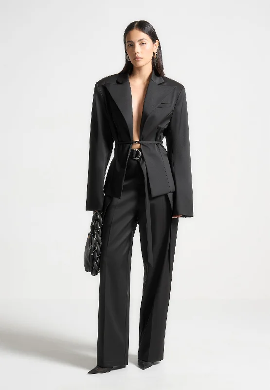 Women's Blazers with Tartan Check -Wide Shoulder Sateen Blazer with Twin Belt - Black