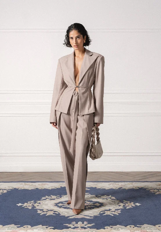 Women's Blazers for Chic Outfits -Wide Shoulder Tailored Blazer with Twin Belt - Taupe