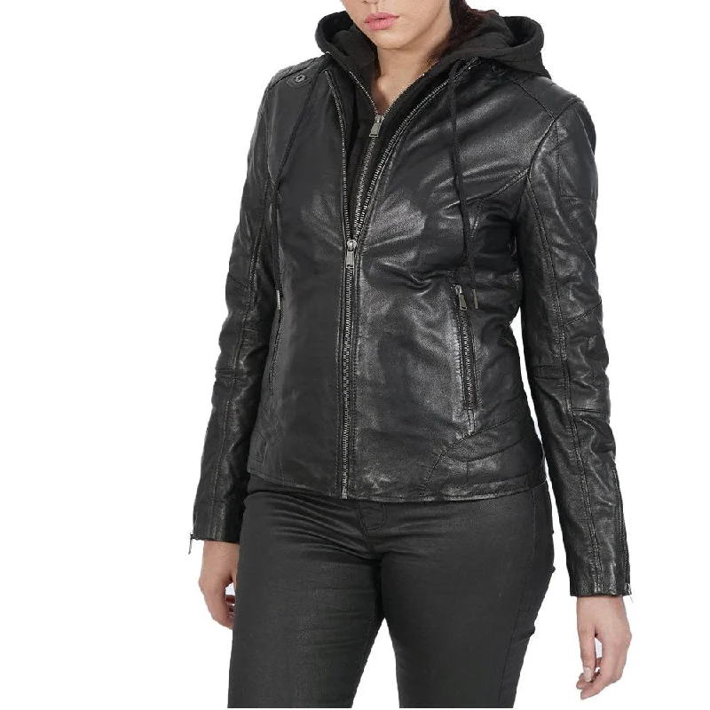 Women's Leather Jacket for Fall Fashion-Winter Becky Hooded Black Leather Jacket