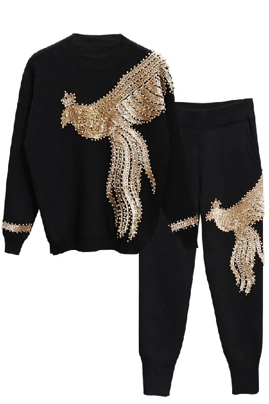 Women's Sweater Set for a Relaxed Weekend -Royal Eagle Knitted Top and Pants Set with Eagle Embroidery Women's Sweater Set for a Relaxed Weekend -Royal Eagle Knitted Top and Pants Set with Eagle Embroidery