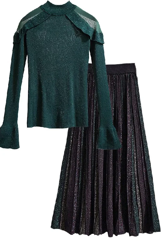 Women's Stretch Fit Blouses -Janine Petrol Metallic Blouse and Pleated Skirt Set