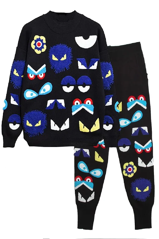 Women's Sweater Set with Loose Fit Joggers -Funny Eyes Black Knitted Top and Pants Set with Multicolored Embroidery Women's Sweater Set with Loose Fit Joggers -Funny Eyes Black Knitted Top and Pants Set with Multicolored Embroidery