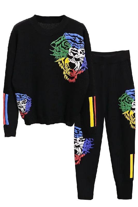 Women's Sweater Set with Tapered Pants -Tigre Black Sweater and Pants Set with Tiger Designs Women's Sweater Set with Tapered Pants -Tigre Black Sweater and Pants Set with Tiger Designs