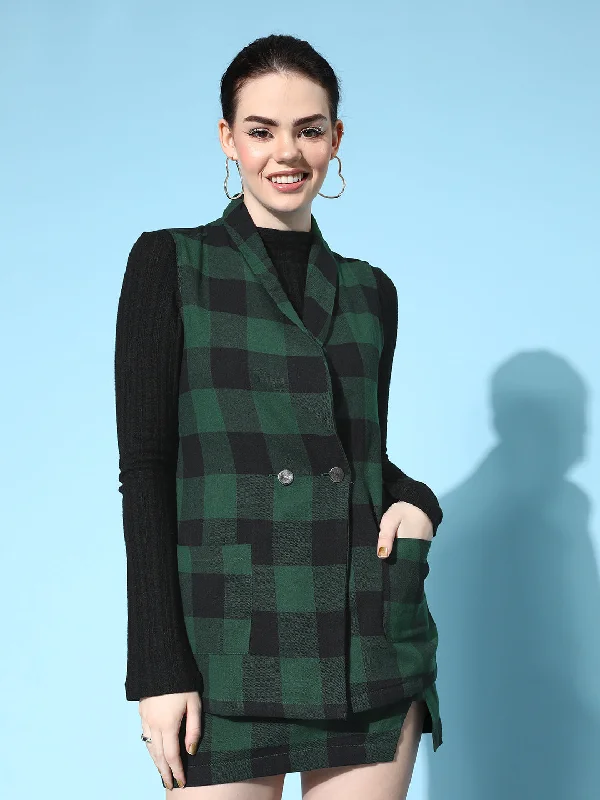 Women's Plus Size Tweed Blazers -Women Green Flannel Check Sleeveless Blazer