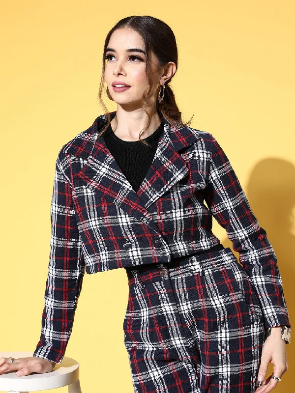 Women's Zip-front Blazers -Women Navy Flannel Check Crop Blazer