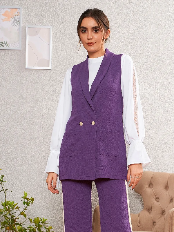 Women's Cotton Blazers for Summer -Women Purple Double-Breast Sleeveless Longline Blazer