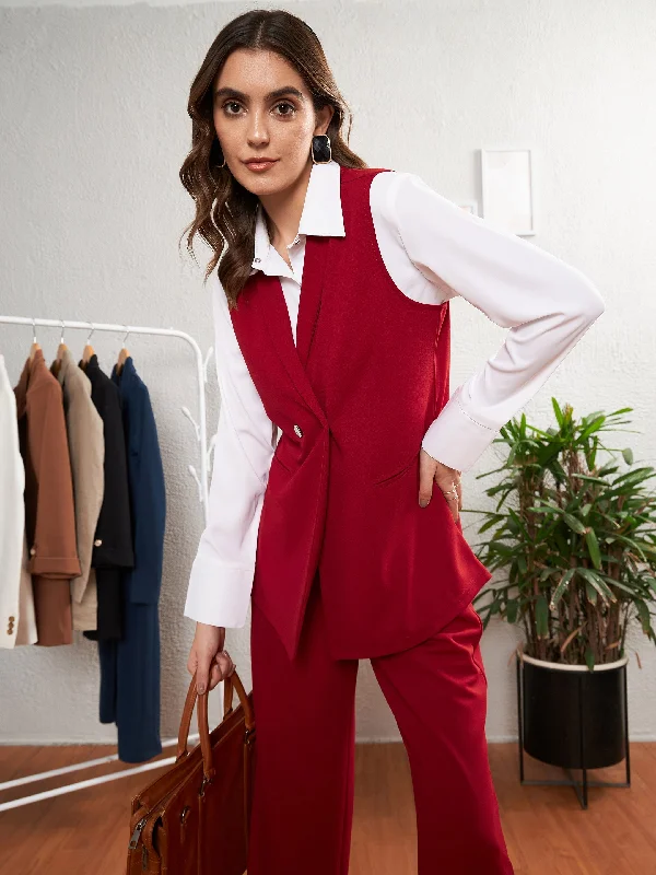 Women's Cozy Blazers -Women Red Double-Breast Sleeveless Longline Blazer