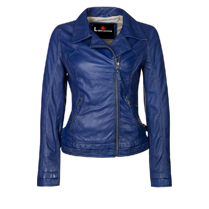 Women's Leather Jacket for Trendy Coolness-Women's blue biker leather jacket
