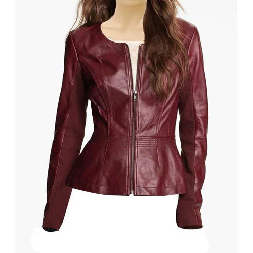 Women's Leather Jacket with Real Leather Feel-Women’s Maroon Collarless Leather Jacket Women's Leather Jacket with Real Leather Feel-Women’s Maroon Collarless Leather Jacket