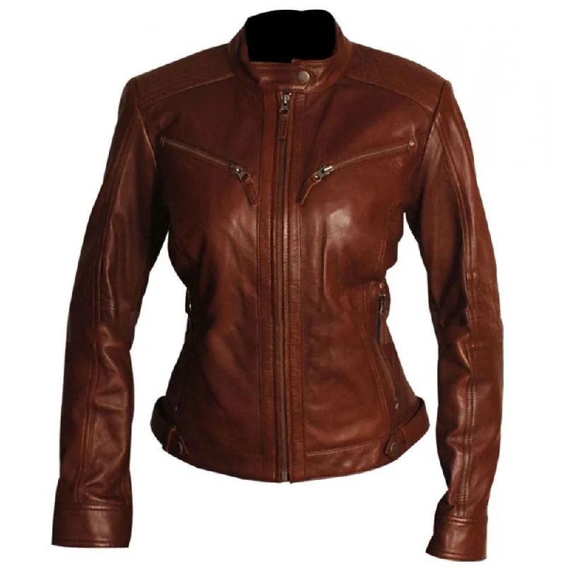 Women's Leather Jacket with Zip and Button Closure-Women's café racer leather jacket Women's Leather Jacket with Zip and Button Closure-Women's café racer leather jacket