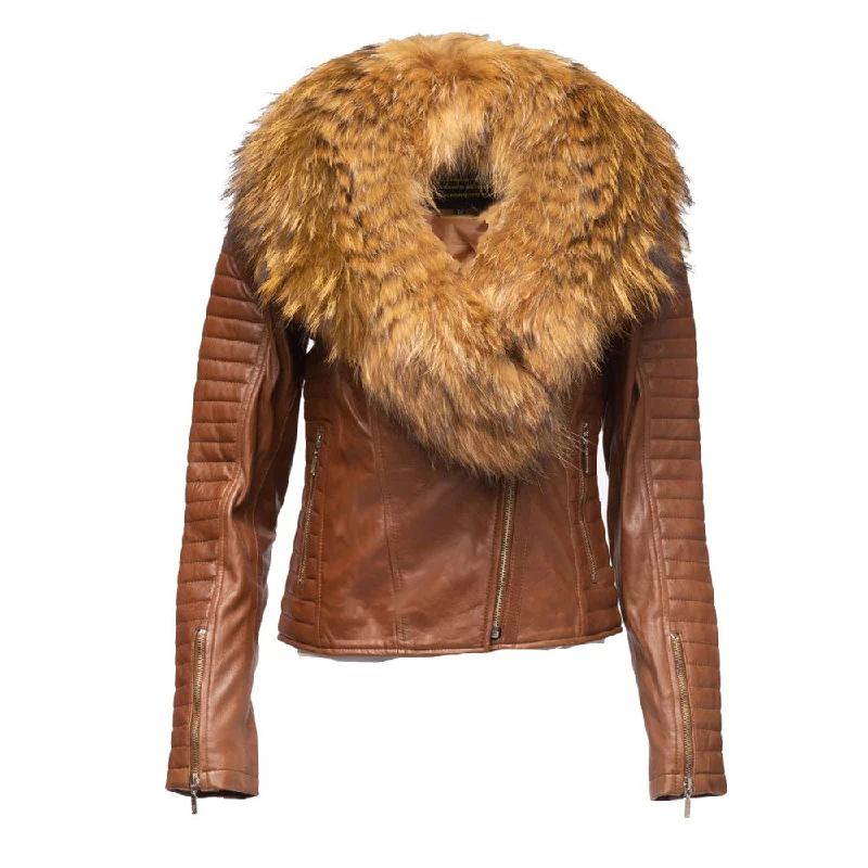 Women's Leather Jacket for Layering with Sweaters-Women's Large Fur Shawl leather jacket with ribbed sleeve detailing Women's Leather Jacket for Layering with Sweaters-Women's Large Fur Shawl leather jacket with ribbed sleeve detailing