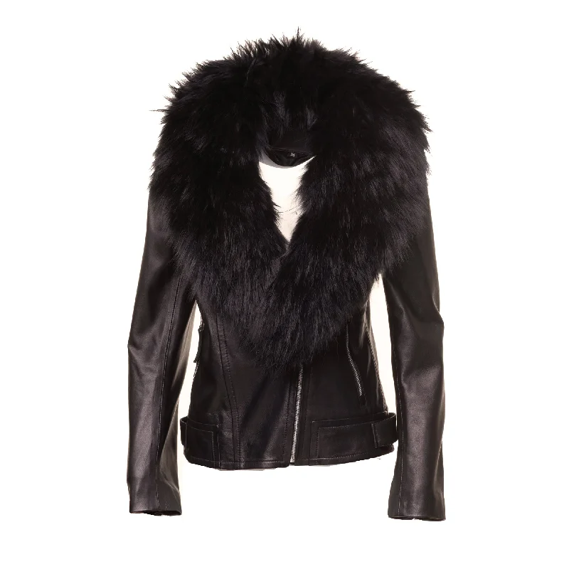 Women's Leather Jacket for Fashion-Forward Looks-Women’s Leather Jacket With Large Black Fur Shawl Women's Leather Jacket for Fashion-Forward Looks-Women’s Leather Jacket With Large Black Fur Shawl