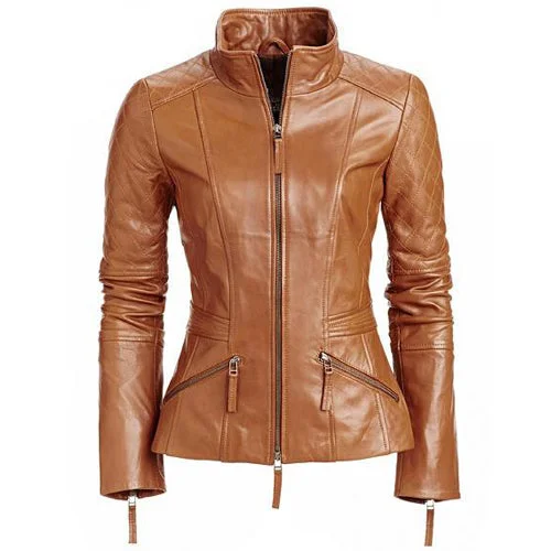 Women's Leather Jacket with Detailed Stitching-Women's stylish English Tan leather jacket with quilted patches Women's Leather Jacket with Detailed Stitching-Women's stylish English Tan leather jacket with quilted patches