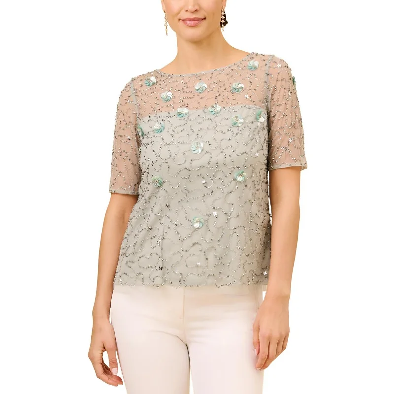 Women's Oversized Casual Shirts -Adrianna Papell Womens Embellished Boat Neck Blouse Women's Oversized Casual Shirts -Adrianna Papell Womens Embellished Boat Neck Blouse
