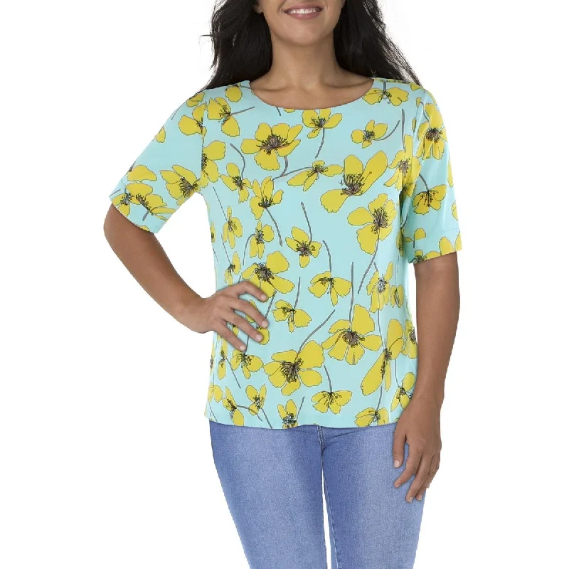 Women's Layered Button-up Shirts -Anne Klein Womens Daisy Print Boat Neck Blouse