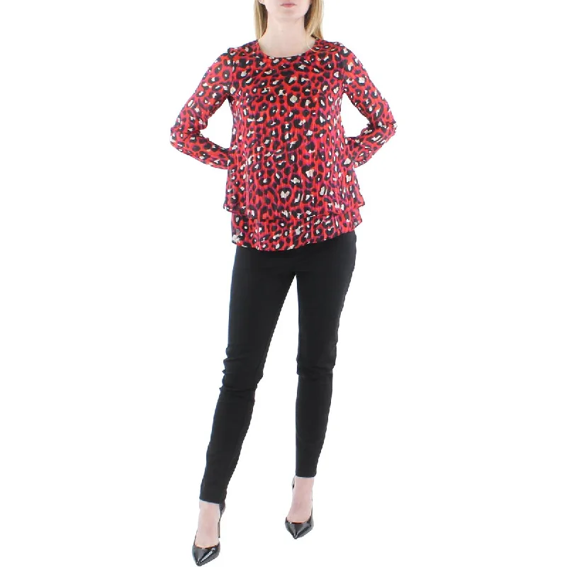 Women's Button-up Pleated Shirts -Anne Klein Womens Leopard Print Keyhole Blouse