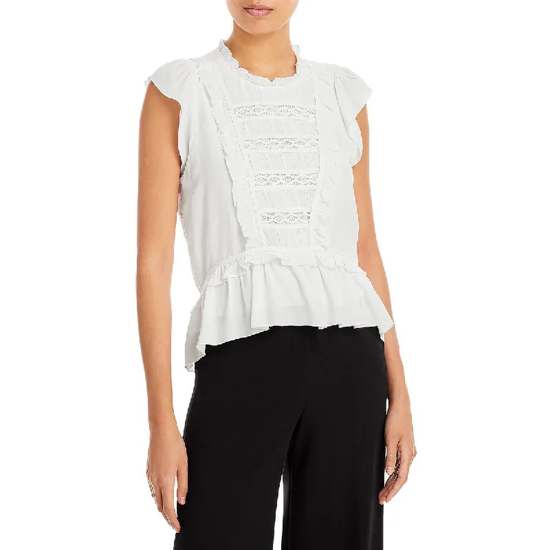 Women's Pullover with Embellishments -Aqua Womens Lace Inset Ruffled Pullover Top