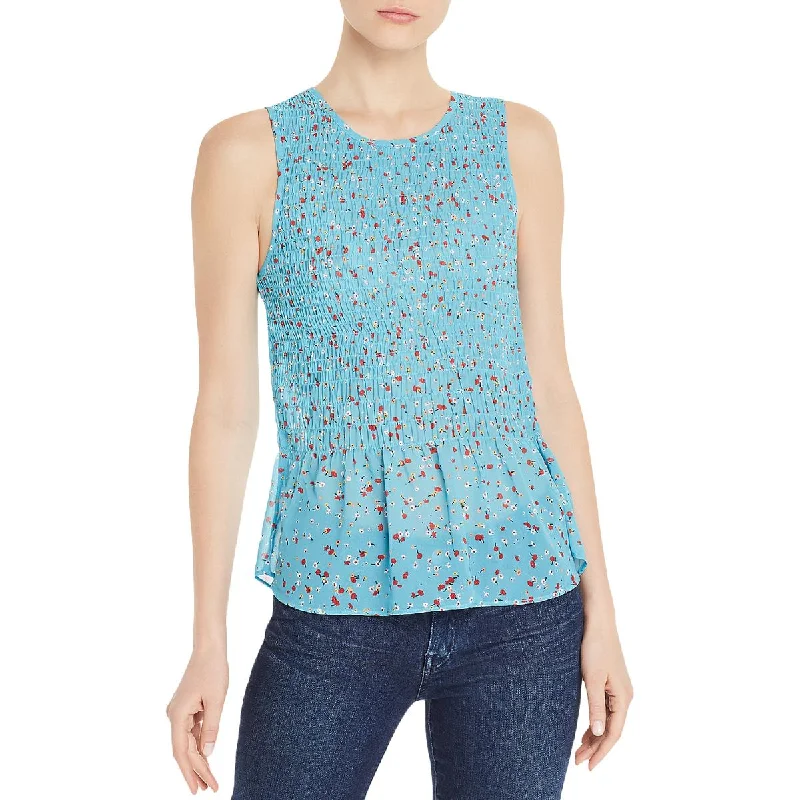 Women's Tank Tops with Feminine Style -Aqua Womens Smocked Floral Tank Top