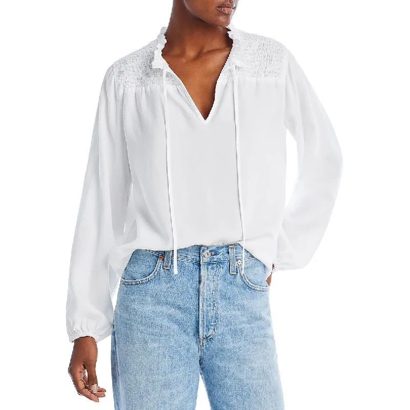 Women's Pleat Front Blouses -Aqua Womens Smocked Neck-Tie Blouse
