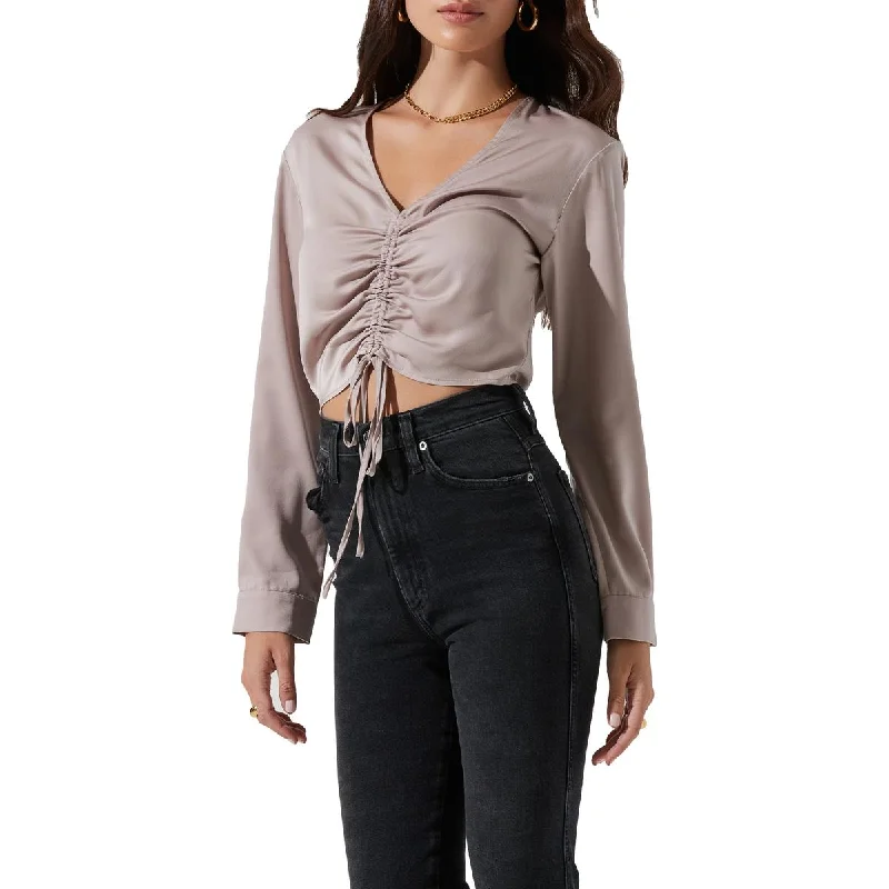 Women's Raw Hem Shirts -ASTR The Label Women's Satin Ruched Long Sleeve Cropped V-Neck Blouse Women's Raw Hem Shirts -ASTR The Label Women's Satin Ruched Long Sleeve Cropped V-Neck Blouse