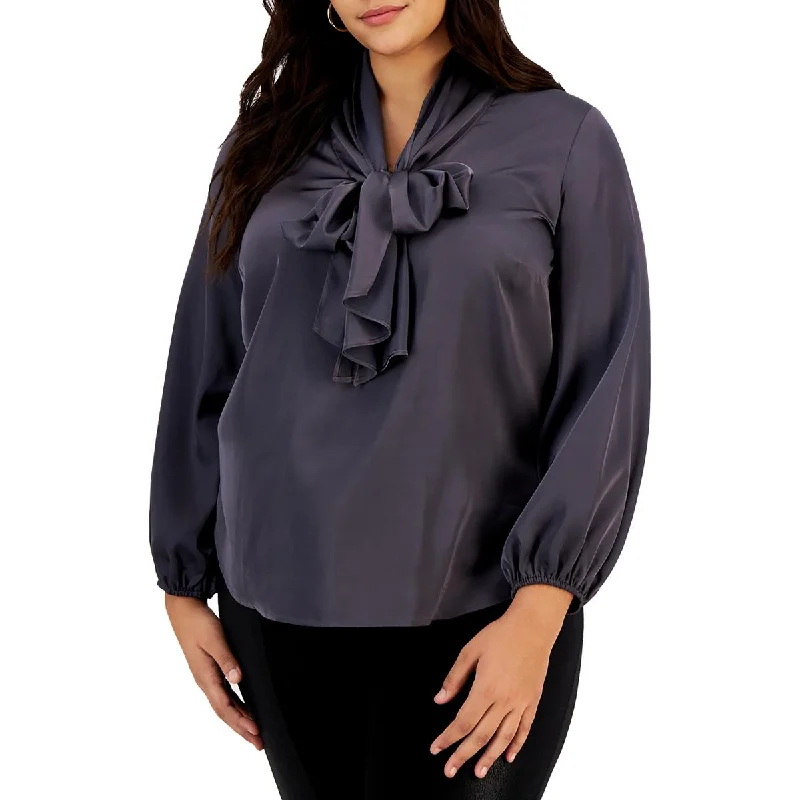 Women's Button-down Ruffle Shirts -Bar III Womens Plus Front Tie Bow Blouse