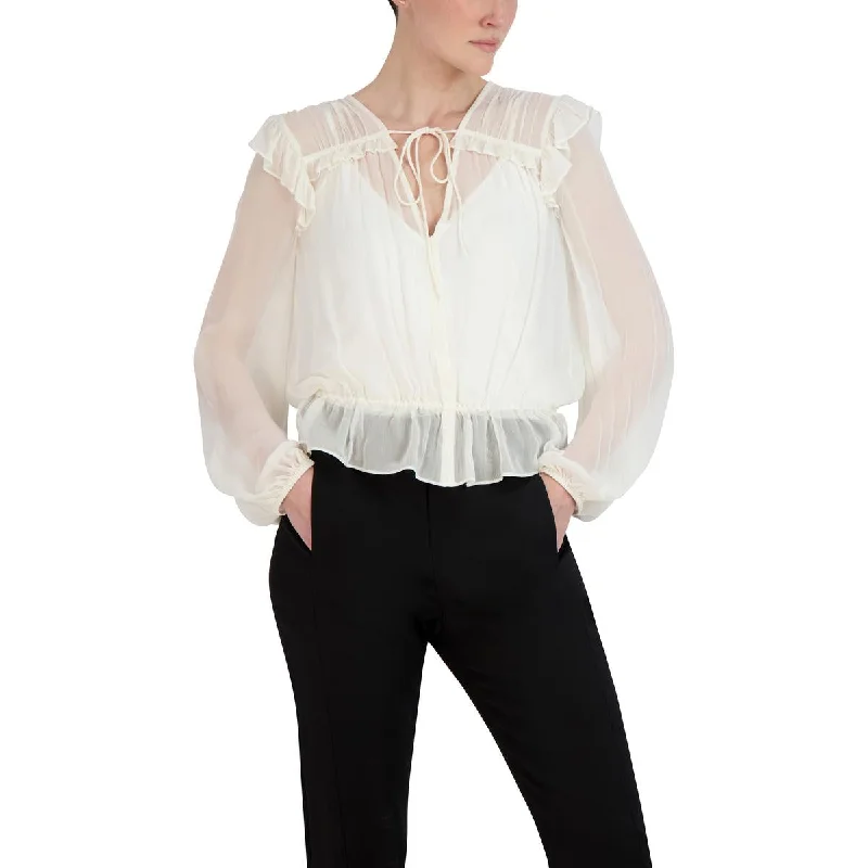 Women's Blouse with Lace Insert -BCBGMAXAZRIA Womens Chiffon Bishop Sleeve Blouse