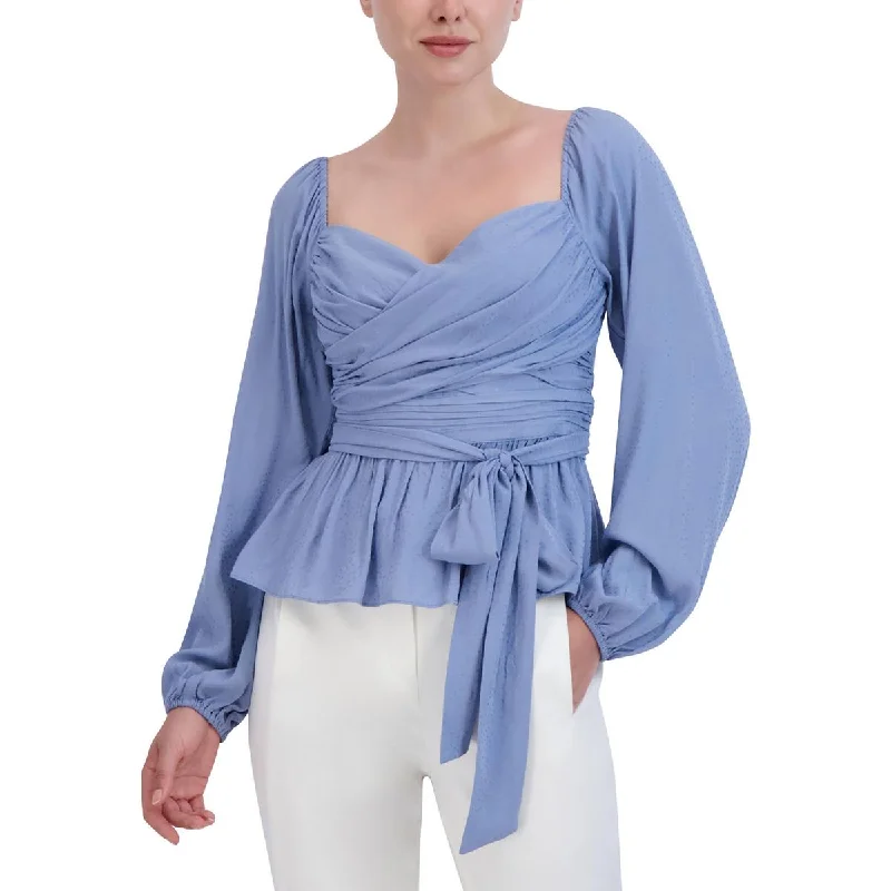 Women's Button-down Work Shirts -BCBGMAXAZRIA Women's Gathered Long Sleeve Tie Front Peplum Blouse