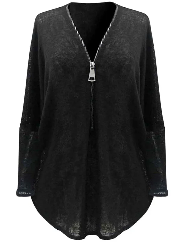 Women's Casual Ruffle Shirts -Black Sheer Zip-Up Long Sleeve Sweater Blouse