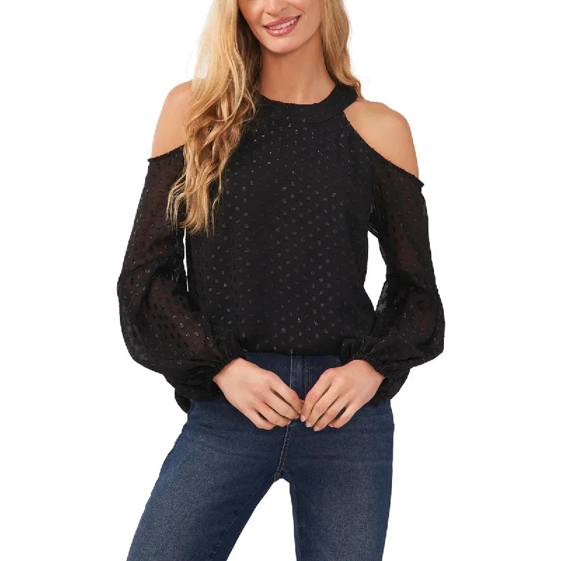 Women's Crew Neck Button-up Shirts -CeCe Womens Cold Shoulder Lurex Blouse