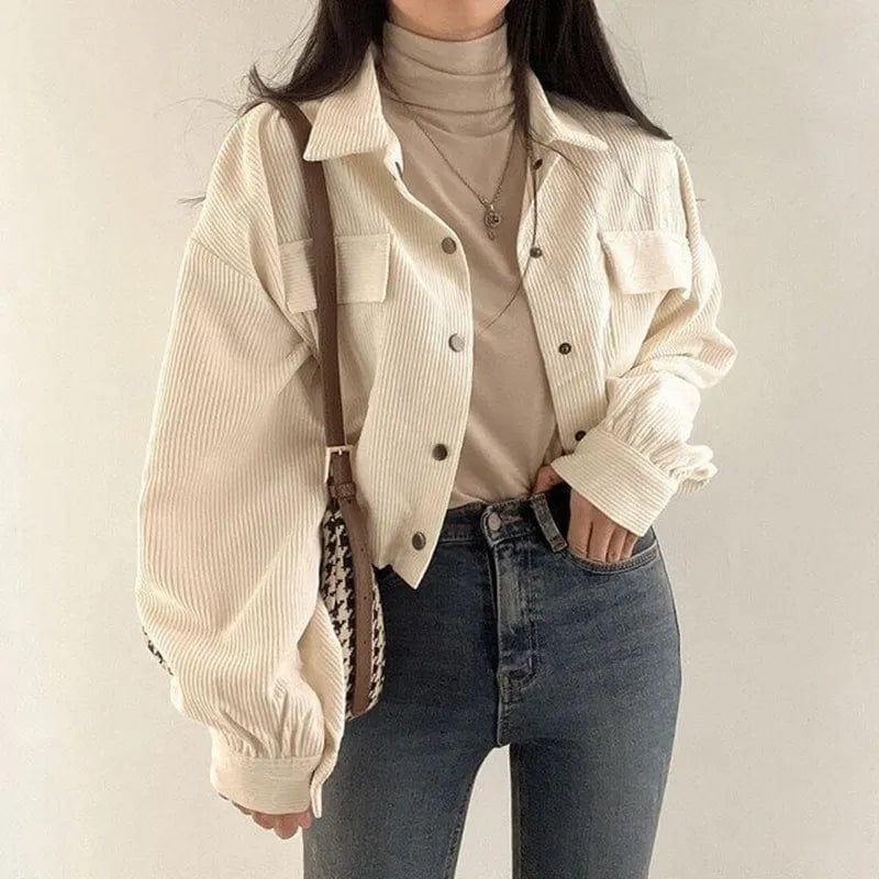 Women's Classic Office Shirts -Chic Corduroy Long Sleeve Cropped Women's Blouse Jacket Drawstring and Pockets Women's Classic Office Shirts -Chic Corduroy Long Sleeve Cropped Women's Blouse Jacket Drawstring and Pockets